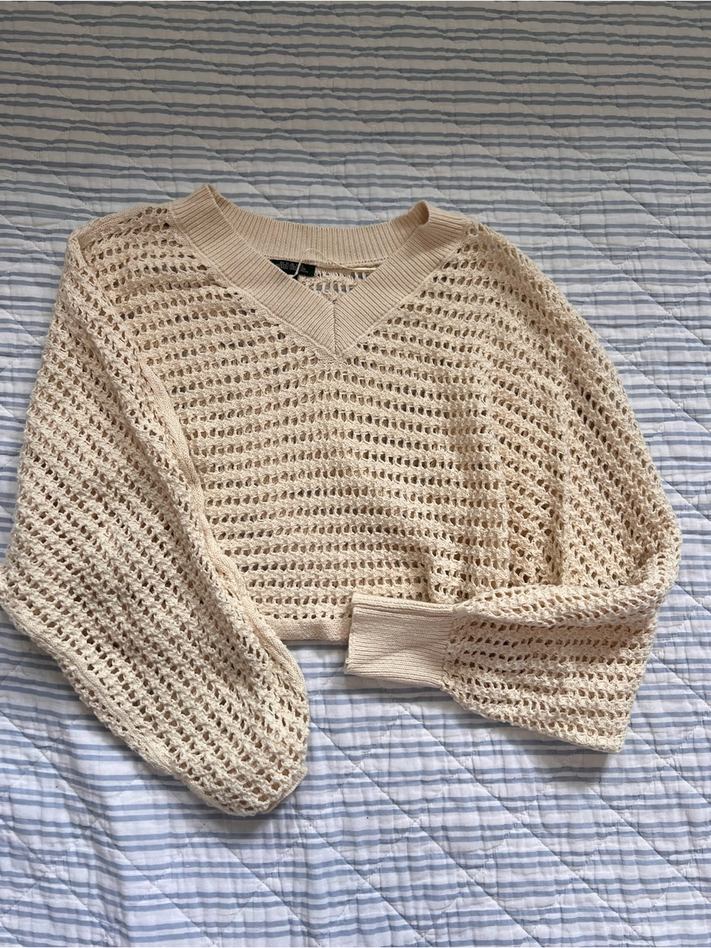 wild fable Cream Open-Weave V-Neck Cropped Sweater